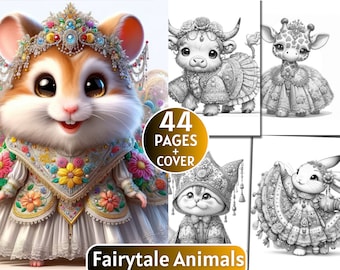 44 Fairytale Animals Coloring Pages, Grayscale Coloring Book for Adults and Kids,  Cute Animals ,Digital Download,Printable Coloring