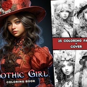 25  Steampunk Gothic Girl Coloring Book, Adults + Kids  Coloring Pages, Digital Download, Grayscale Coloring Book, Printable PDF File