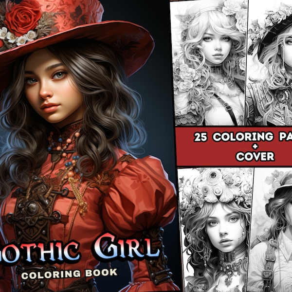 25  Steampunk Gothic Girl Coloring Book, Adults + Kids  Coloring Pages, Digital Download, Grayscale Coloring Book, Printable PDF File