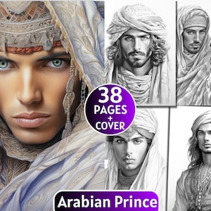 38 Arabian Prince Coloring Book, Grayscale Coloring Book for Adults and Kids, King Coloring Page,Digital Download,Printable PDF File