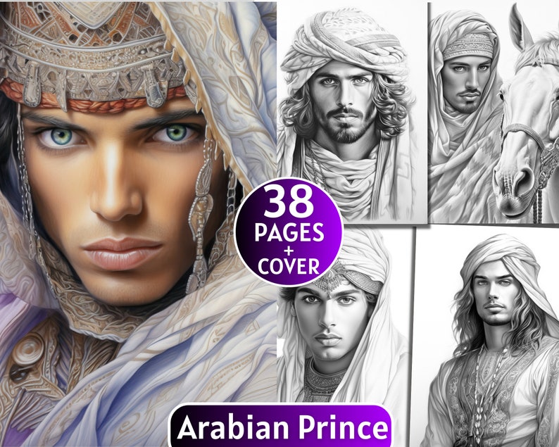 38 Arabian Prince Coloring Pages, Grayscale Coloring Book for Adults ...