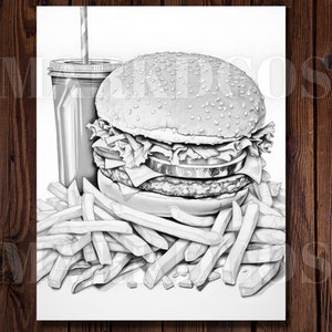 May include: A black and white drawing of a hamburger, french fries, and a cup of soda. The hamburger has a sesame seed bun, lettuce, tomato, and a patty. The fries are piled high and the soda has a straw.