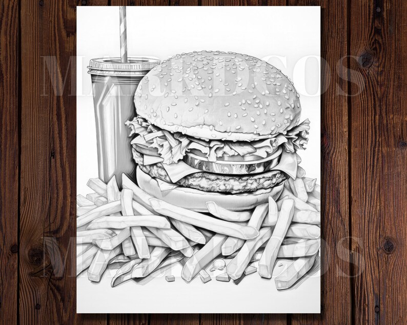 May include: A black and white drawing of a hamburger, french fries, and a cup of soda. The hamburger has a sesame seed bun, lettuce, tomato, and a patty. The fries are piled high and the soda has a straw.