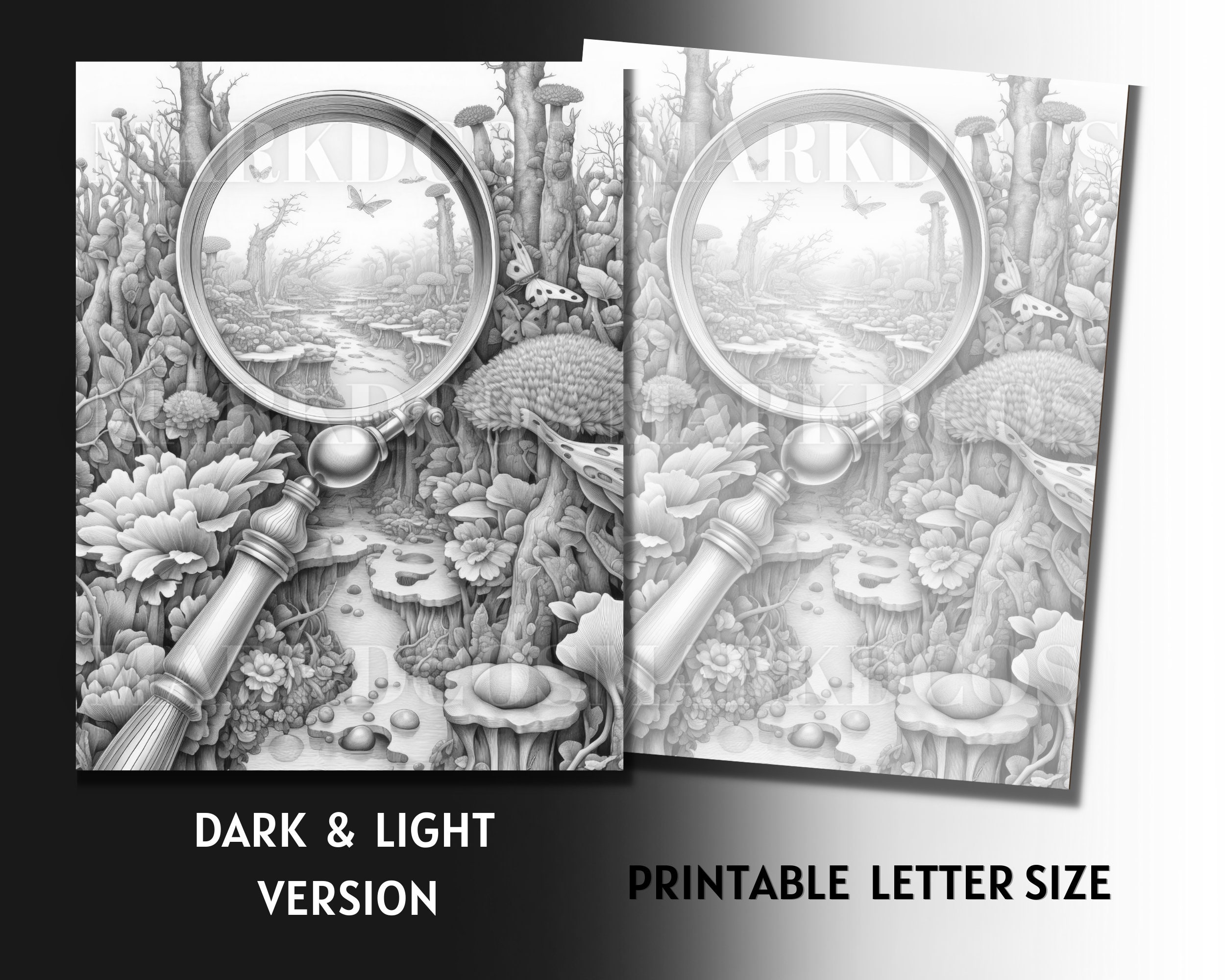 35 Fantasy World Under the Magnifying Glass Coloring Pages, Grayscale ...