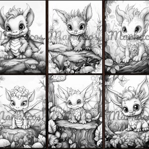 May include: Six black and white illustrations of cute, cartoon-style dragons with large eyes and wings. Each dragon is standing on a rock or tree stump in a forest setting.