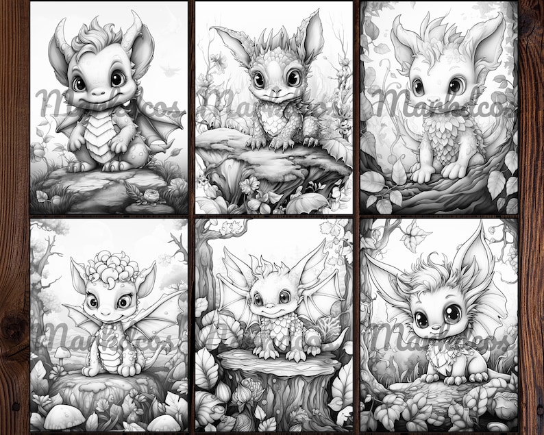 May include: Six black and white illustrations of cute, cartoon-style dragons with large eyes and wings. Each dragon is standing on a rock or tree stump in a forest setting.