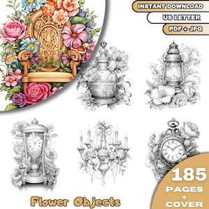185 Flower Objects Coloring Book, Adults & Kids Coloring Pages, Grayscale Coloring Book, Digital Download, Printable PDF File