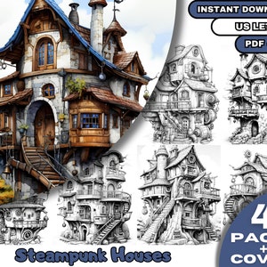 40 Steampunk Houses Coloring, Adults & Kids  Coloring Pages, Grayscale Coloring Book, Digital Download, Printable PDF File
