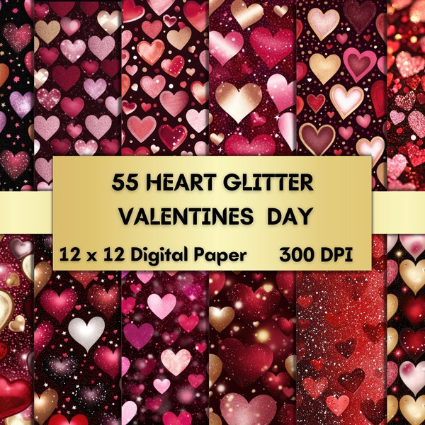 Heart Glitter Valentine's Day Digital Paper, Romantic Valentine Love Digital Paper, Glitter Hearts Texture Background, Scrapbook Paper