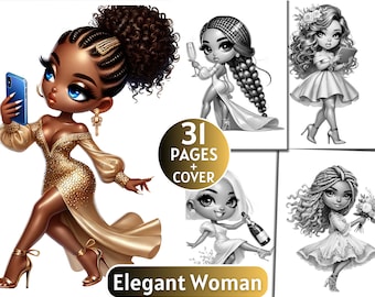 31 Elegant Woman Coloring Pages | Grayscale Coloring Book for Adults and Kids | Chibi Rich Girls |Printable PDF| Instant Download