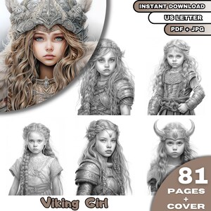 81 Viking Girl Coloring, Adults & Kids  Coloring Pages, Grayscale Coloring Book, Digital Download, Printable PDF File