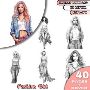 40 Fashion Girl Coloring Book, Kolorowanka w odcieniach szarości dla dorosłych i dzieci, Pobieranie cyfrowe, Plik PDF do wydrukowania