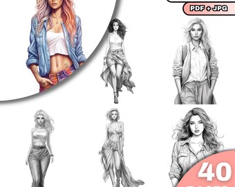 40 Fashion Girl Coloring Pages, Grayscale Coloring Book for Adults and Kids, Digital Download, Printable PDF File