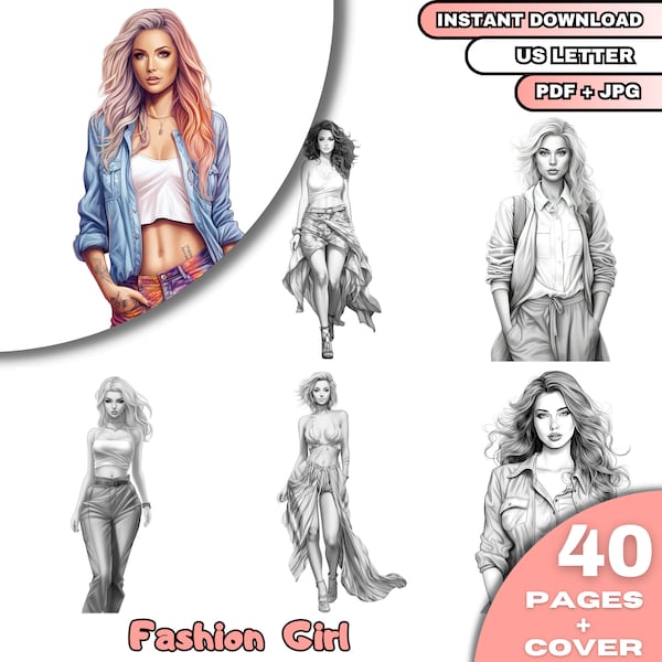 40 Fashion Girl Coloring Book, Grayscale Coloring Book for Adults and Kids, Digital Download, Printable PDF File