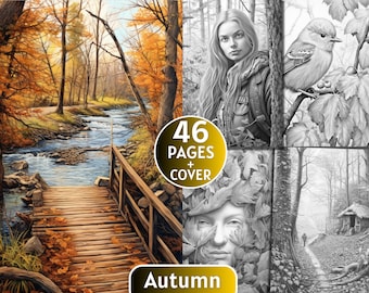 46 Autumn Coloring Pages, Grayscale Coloring Book for Adults and Kids, Autumn Landscape Coloring Page, Digital Download, Printable PDF File