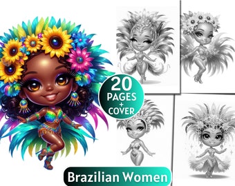 20 Brazilian Women Coloring Pages | Grayscale Coloring Book for Adults and Kids | Brazilian Carnival Samba Female Dancer | Instant Download