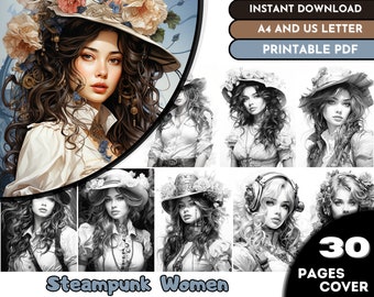 30 Steampunk Women Coloring Book, Adults + Kids  Coloring Pages, Digital Download, Grayscale Coloring Book, Printable PDF File, A4-US Letter