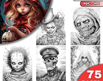 75 Halloween Charachters Coloring Pages, Adults & Kids  Coloring Pages, Grayscale Coloring Book, Digital Download, Printable PDF File