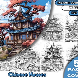 50 Chinese Houses Coloring, Adults & Kids  Coloring Pages, Grayscale Coloring Book, Digital Download, Printable PDF File