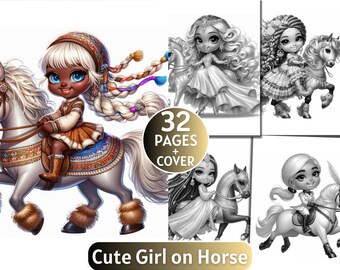 32 Cute Girl on Horse Coloring Pages | Grayscale Coloring Book for Adults and Kids | Farm Animals Coloring |Printable PDF| Instant Download