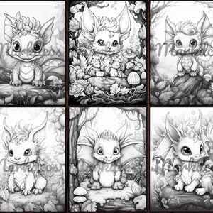 May include: Six black and white illustrations of cute, cartoon-style dragons with wings and horns. Each dragon is in a different pose and has a different expression. The dragons are surrounded by flowers, leaves, and mushrooms.