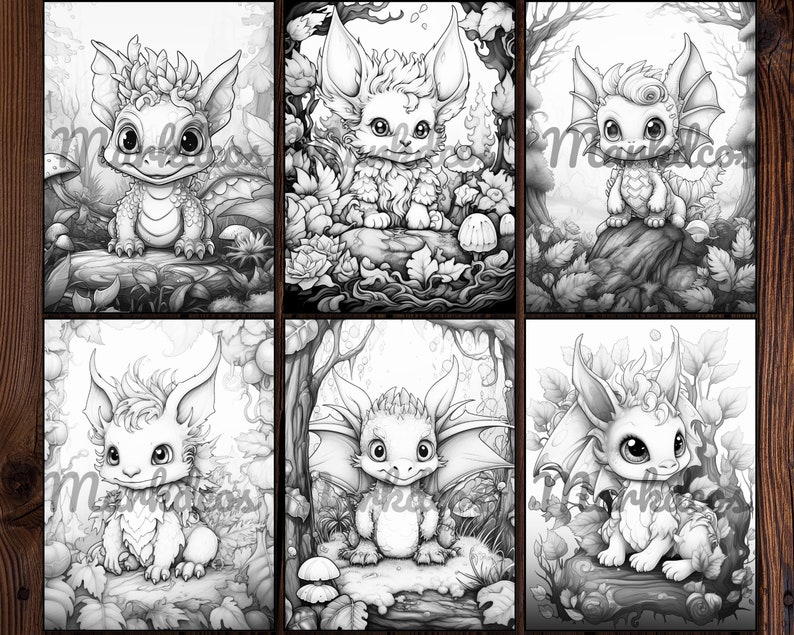 May include: Six black and white illustrations of cute, cartoon-style dragons with wings and horns. Each dragon is in a different pose and has a different expression. The dragons are surrounded by flowers, leaves, and mushrooms.