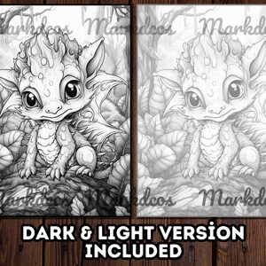 May include: A black and white colouring page featuring a cute, cartoon dragon with large eyes and a friendly expression. The dragon is sitting on a rock surrounded by leaves. The image is labelled "Dark & Light Version Included".