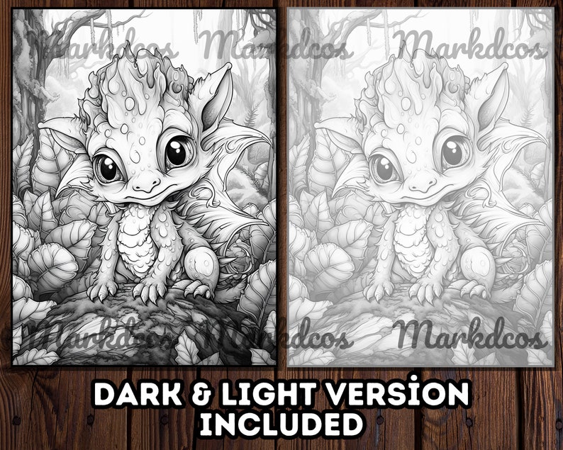 May include: A black and white colouring page featuring a cute, cartoon dragon with large eyes and a friendly expression. The dragon is sitting on a rock surrounded by leaves. The image is labelled "Dark & Light Version Included".
