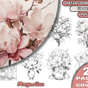 25 Magnólias para Colorir, Desenhos para Colorir para Adultos e Crianças, Livro de Colorir em Tons de Cinza, Download Digital, Arquivo PDF para Imprimir