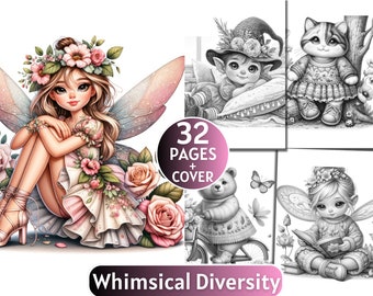 32 Whimsical Diversity Coloring Pages | Grayscale Coloring Book for Adults and Kids | Animals, Fairy, Cat |Printable PDF| Instant Download
