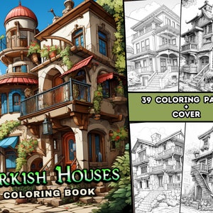 39 casas turcas para colorir, páginas para colorir para adultos e crianças, download digital, livro para colorir em tons de cinza, arquivo PDF para impressão, carta dos EUA