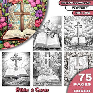 75 Bible and Cross Coloring Book, Adults & Kids  Coloring Pages, Grayscale Coloring Book, Digital Download, Printable PDF File