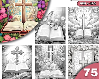 Könnte beinhalten: Ein Malbuch mit 75 Seiten und einem Cover mit einer Bibel und einem Kreuz. Das Coverbild ist eine farbenfrohe Illustration einer Bibel mit einem Kreuz dahinter, umgeben von Blumen und Schmetterlingen. Die anderen Bilder im Buch sind Schwarzweißillustrationen von Bibeln und Kreuzen.