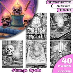 40 Malbuch mit seltsamen Zaubersprüchen, Graustufen-Malbuch für Erwachsene und Kinder, magisches Malbuch, digitaler Download, druckbare PDF-Datei