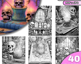 May include: A coloring book with 40 pages and a cover featuring a spooky, gothic illustration of skulls, candles, and potions. The title of the book is "Strange Spells".