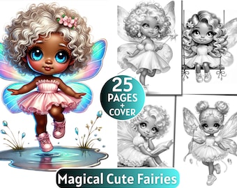 25 Magical Cute Fairies  Coloring Pages | Grayscale Coloring Book for Adults and Kids | Baby Fairies |Printable PDF| Instant Download