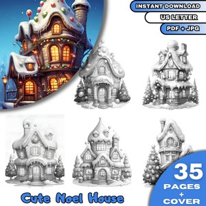 35 Cute Noel House  Coloring Book, Adults & Kids Coloring Pages, Grayscale Coloring Book, Digital Download, Printable PDF File