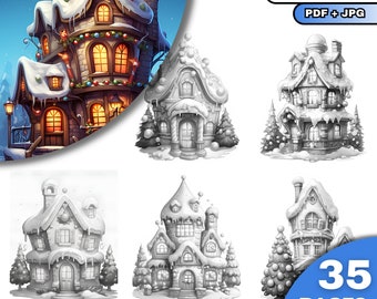 35 Cute Noel House  Coloring Pages, Adults & Kids Coloring Pages, Grayscale Coloring Book, Digital Download, Printable PDF File