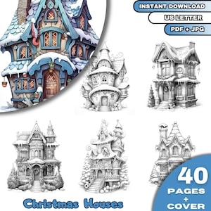 40 Christmas Houses Coloring Book, Adults & Kids  Coloring Pages, Grayscale Coloring Book, Digital Download, Printable PDF File