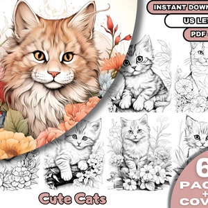 65 Cute Cats Coloring Book, Adults & Kids  Coloring Pages, Grayscale Coloring Book, Digital Download, Printable PDF File