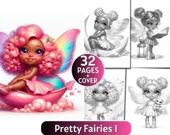 32 Pretty Fairies V1 Coloring Pages | Grayscale Coloring Book for Adults and Kids | Magical Cute Fairies |Printable PDF| Instant Download