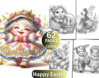 62 Happy Easter Coloring Pages | Grayscale Coloring Book for Adults and Kids | Spring,Animals,Fairy,Garden |Printable PDF| Instant Download