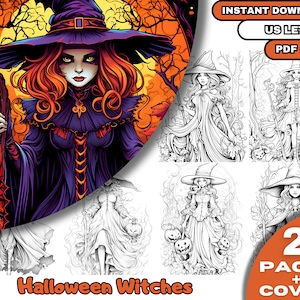 25 Halloween Witches  Coloring Book, Adults & Kids  Coloring Pages, Grayscale Coloring Book, Digital Download, Printable PDF File