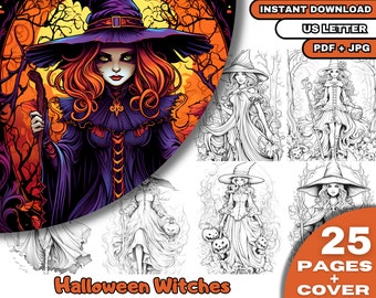 Puede incluir: Un libro para colorear con 25 páginas de ilustraciones de brujas en varias poses, con una imagen de portada de una bruja con cabello rojo y un vestido morado. El texto "Halloween Witches" está impreso debajo de la imagen de portada.
