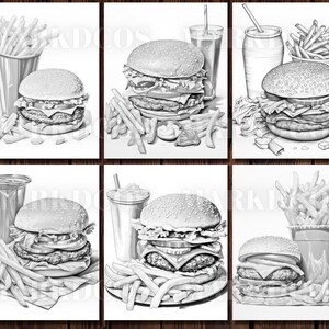 May include: A black and white illustration of six different fast food burgers with fries and drinks. Each burger has lettuce, tomato, onion, and a patty. The fries are in a paper bag or a cup. The drinks are in cups with straws.