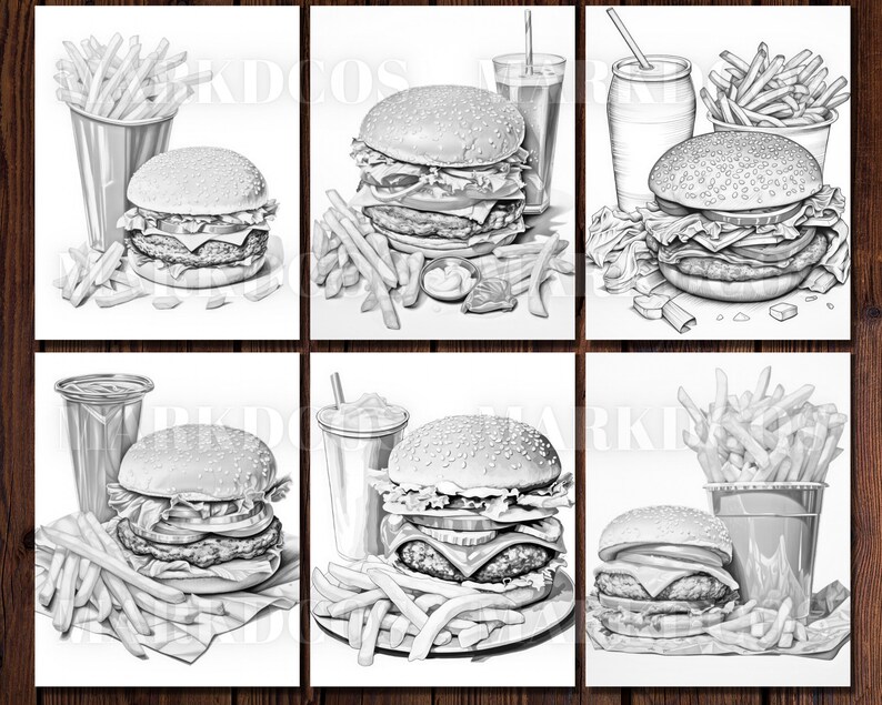 May include: A black and white illustration of six different fast food burgers with fries and drinks. Each burger has lettuce, tomato, onion, and a patty. The fries are in a paper bag or a cup. The drinks are in cups with straws.