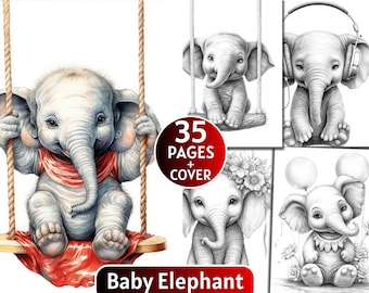 25 Baby Elefant Malvorlagen, Graustufen Malbuch für Erwachsene und Kinder, süße Tiere Malseite, druckbare PDF-Datei
