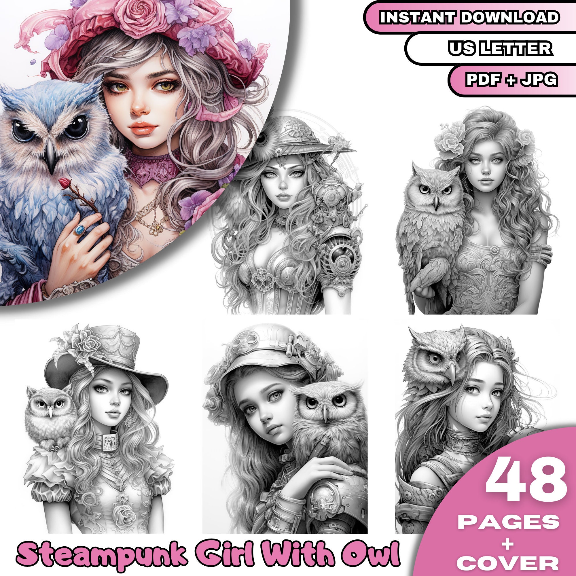 48 Steampunk Girl With Owl Coloring Pages, Adults & Kids Coloring Pages, Grayscale Coloring Boo
