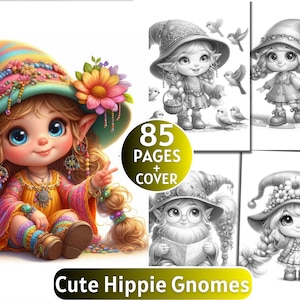 May include: A coloring book featuring cute hippie gnomes with colorful hats and clothing. The cover features a gnome with a rainbow hat and a flower crown. The book includes 85 pages plus a cover.