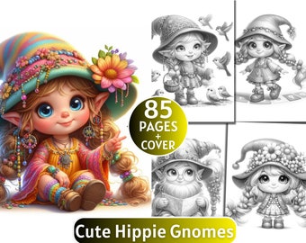85 Cute Hippie Gnomes Coloring Pages | Grayscale Coloring Book for Adults and Kids | Floral Hippie Gnomes |Printable PDF| Instant Download